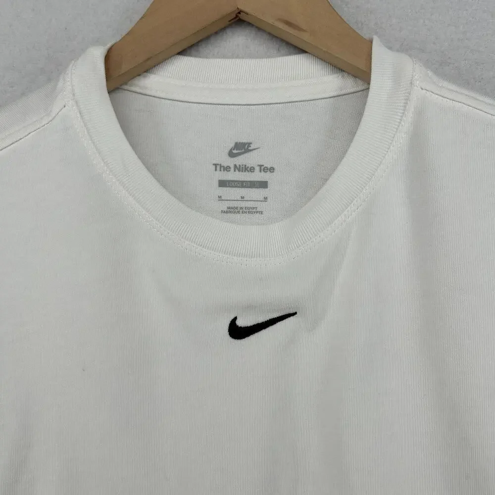 NIKE Top Womens M NSW Essential Boxy Center Swoosh Loose Fit Short Sleeve White
